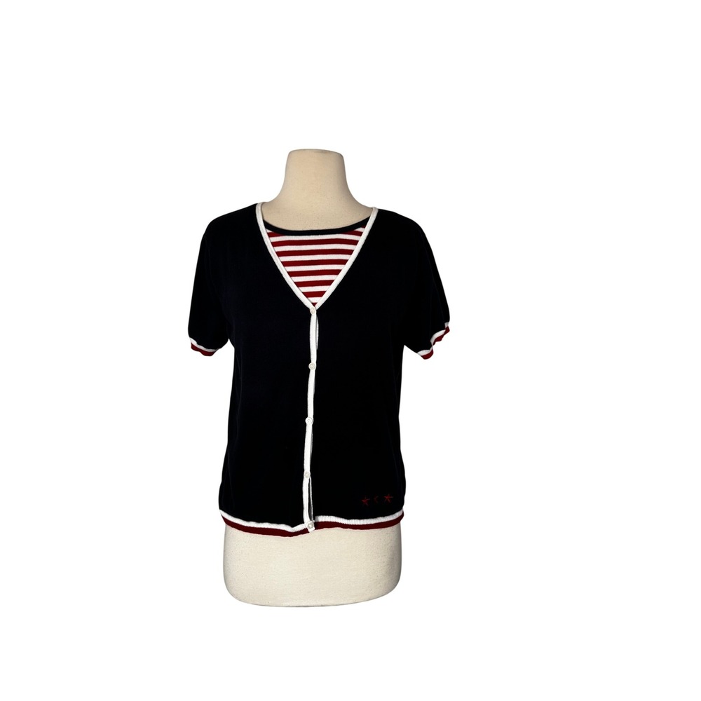 Norton McNaughton Womens Navy Blue Red Striped Layered Look Star Knit Top SZ S